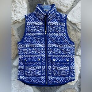 J. Crew Down Puffer Vest Size S Nordic Blue Fair Isle Ski Lodge Preppy Heritage